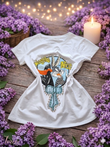 imusau.lt | parduodama Balta marškinėlių tipo palaidinė su „Bugs Bunny & Daffy Duck“ aplikacija